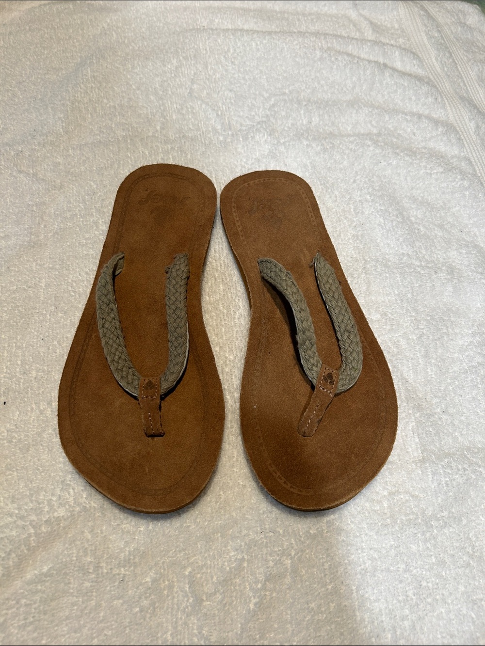 Reef Brown Suede Flip Flop Sandals with Olive Braided Straps